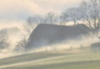 Ein Bauernhof im Morgennebel