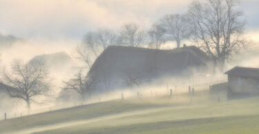 Ein Bauernhof im Morgennebel